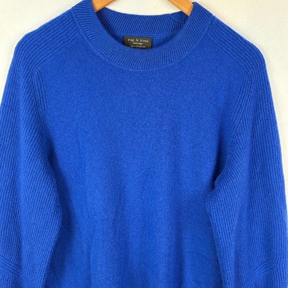 Rag &Bone Women Cashmere Boxy Sweater XL Blue Ribbed Crew Neck Luxury Soft Cozy - Picture 2 of 10